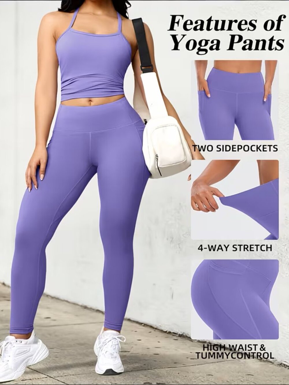 Women's High Waist Tummy Control Full-Length Leggings w/Pockets Purple Large